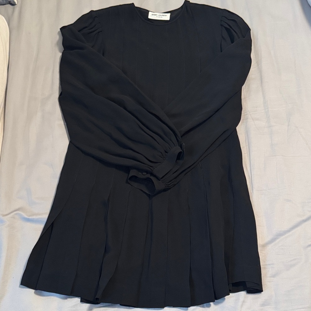 SAINT LAURENT Black Pleaded Long Sleeve Dress